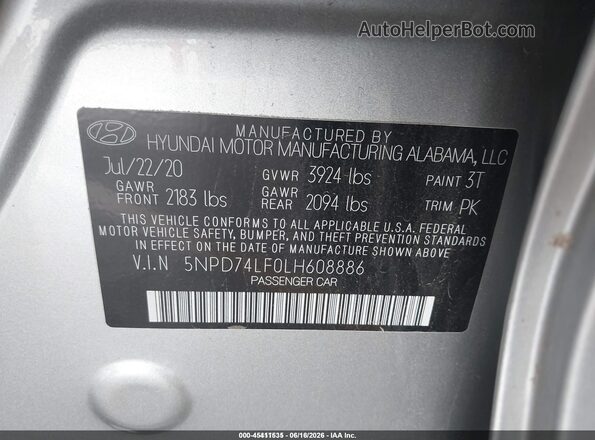 5NPD74LF0LH608886 2020 HYUNDAI ELANTRA Серебряный Вид подкапотного пространства