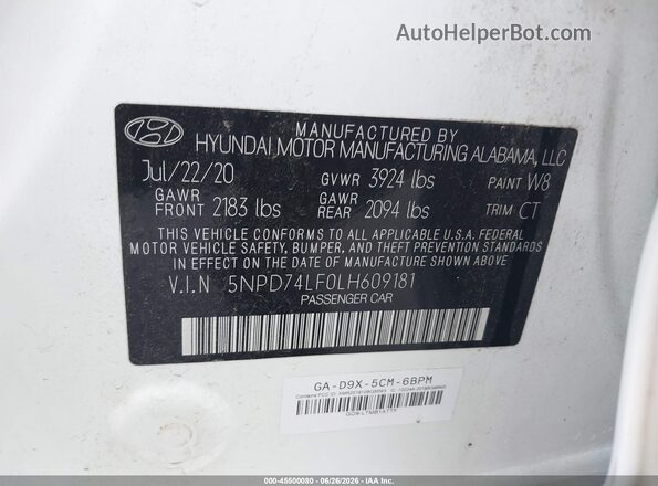 5NPD74LF0LH609181 2020 HYUNDAI ELANTRA White Вид підкапотного простору