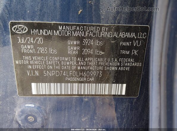 5NPD74LF0LH609973 2020 HYUNDAI ELANTRA Blue ძრავის განყოფილების ხედი