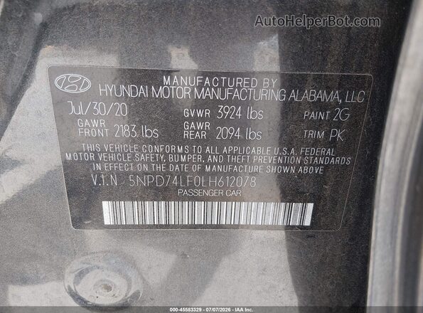 5NPD74LF0LH612078 2020 HYUNDAI ELANTRA Gray Вид підкапотного простору