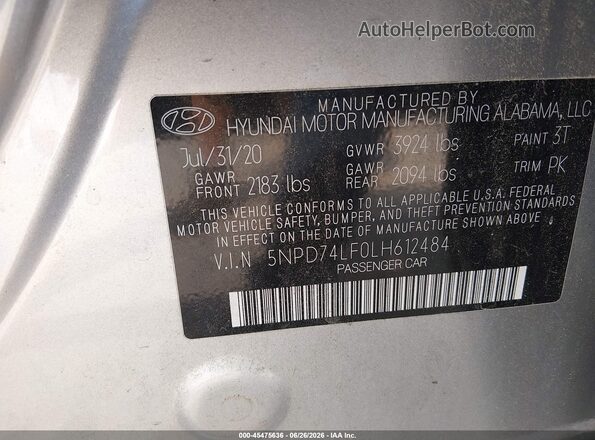 5NPD74LF0LH612484 2020 HYUNDAI ELANTRA Silver ძრავის განყოფილების ხედი