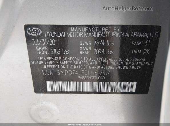 5NPD74LF0LH612517 2020 HYUNDAI ELANTRA Silver Vista del compartimento del motor