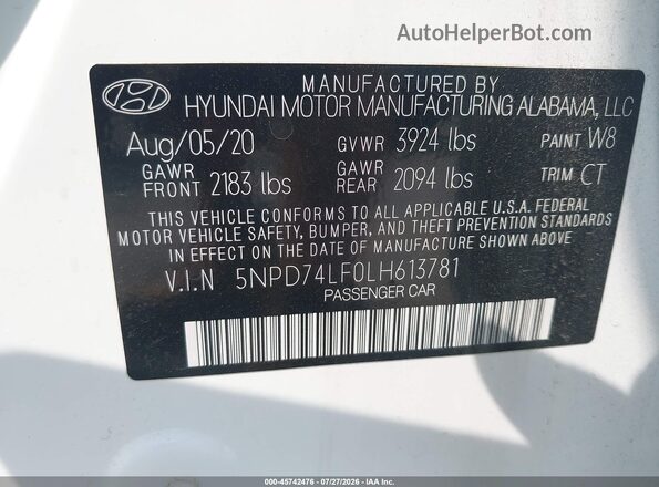 5NPD74LF0LH613781 2020 HYUNDAI ELANTRA White Vista del compartimento del motor