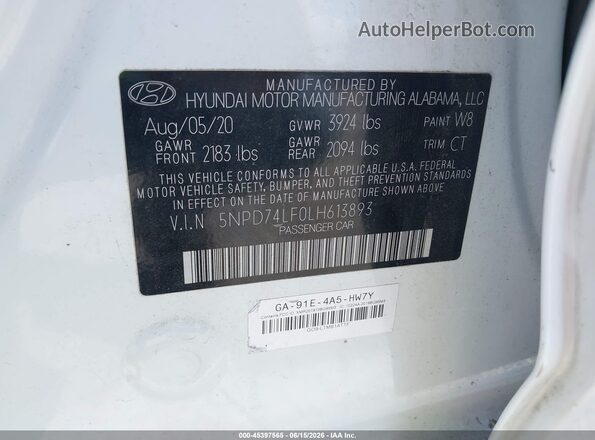5NPD74LF0LH613893 2020 HYUNDAI ELANTRA White Vista del compartimento del motor