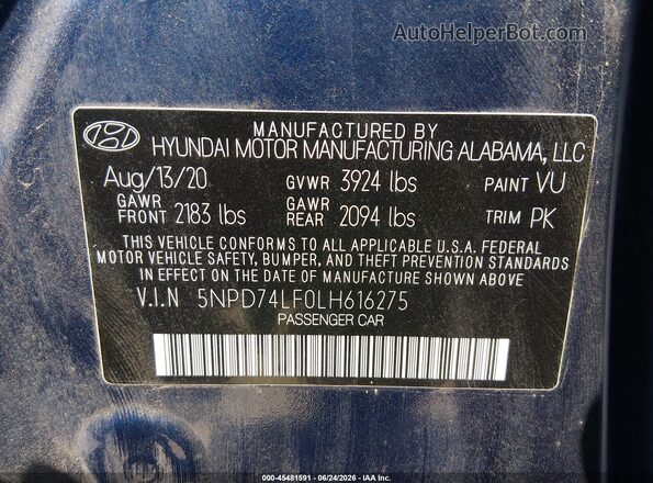 5NPD74LF0LH616275 2020 HYUNDAI ELANTRA Blue ძრავის განყოფილების ხედი