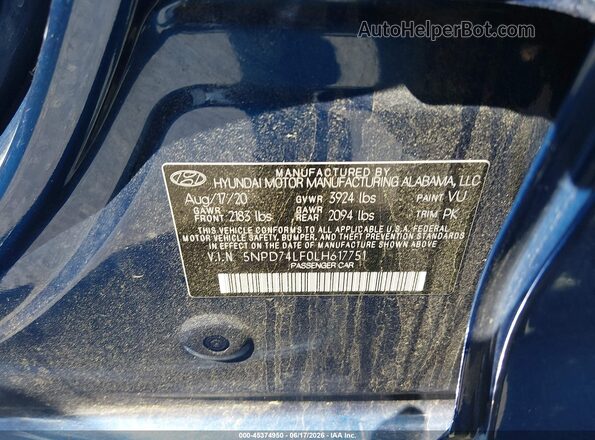 5NPD74LF0LH617751 2020 HYUNDAI ELANTRA Blue Вид підкапотного простору
