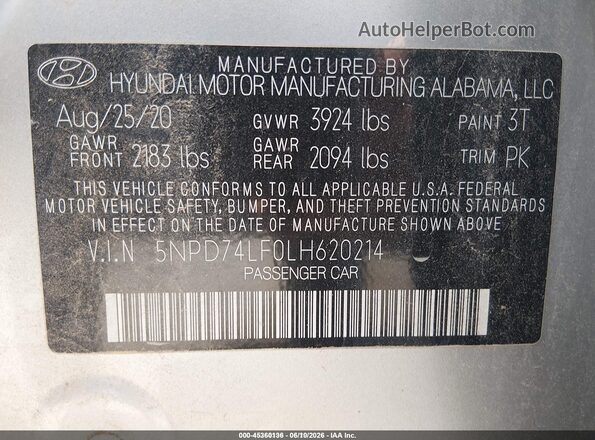 5NPD74LF0LH620214 2020 HYUNDAI ELANTRA Silver Widok komory silnika