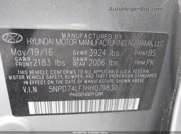 5NPD74LF1HH079830 2017 HYUNDAI ELANTRA Серый Вид подкапотного пространства