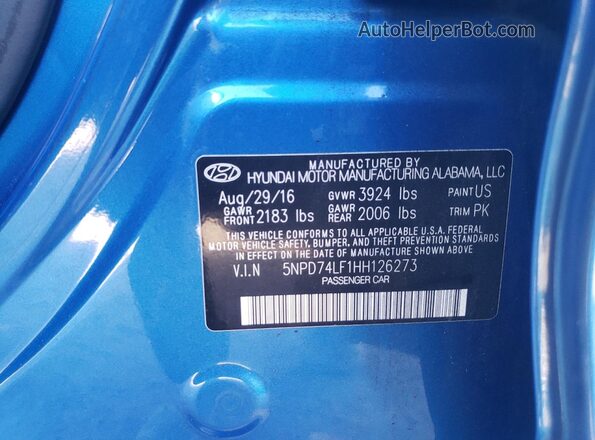 5NPD74LF1HH126273 2017 HYUNDAI ELANTRA Blue Vista del compartimento del motor