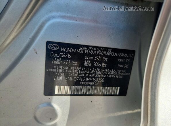 5NPD74LF1HH168250 2017 HYUNDAI ELANTRA Silver Widok naklejki z numerem VIN