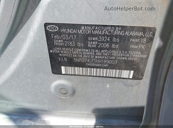 5NPD74LF1HH189003 2017 HYUNDAI ELANTRA Серебряный Вид подкапотного пространства