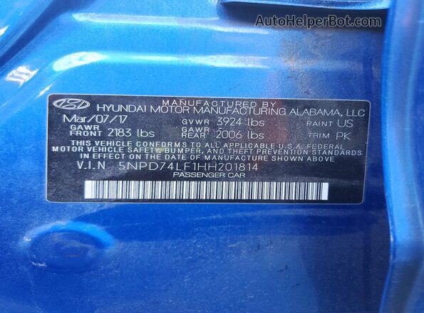 5NPD74LF1HH201814 2017 HYUNDAI ELANTRA Blue ძრავის განყოფილების ხედი