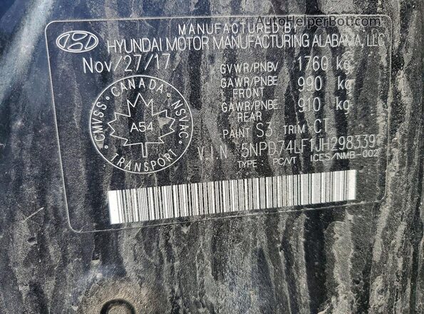 5NPD74LF1JH298339 2018 HYUNDAI ELANTRA Black VIN sticker view