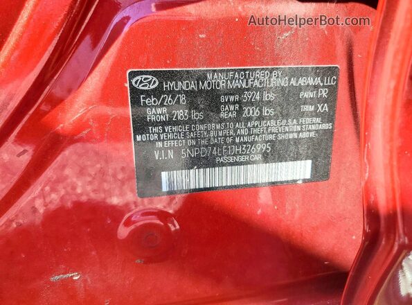 5NPD74LF1JH326995 2018 HYUNDAI ELANTRA Red ძრავის განყოფილების ხედი