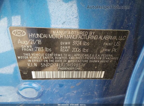 5NPD74LF1JH398571 2018 HYUNDAI ELANTRA Blue Engine compartment view