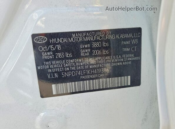 5NPD74LF1KH419386 2019 HYUNDAI ELANTRA White Widok naklejki z numerem VIN