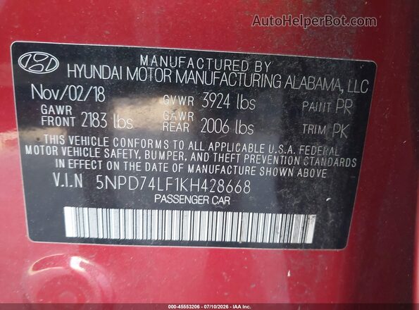 5NPD74LF1KH428668 2019 HYUNDAI ELANTRA Red Вид підкапотного простору