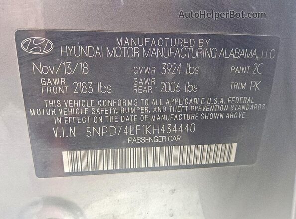 5NPD74LF1KH434440 2019 HYUNDAI ELANTRA Серый Вид подкапотного пространства