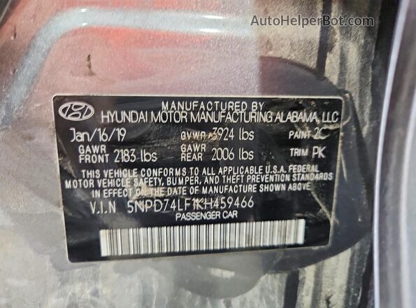 5NPD74LF1KH459466 2019 HYUNDAI ELANTRA Gray Vista de la etiqueta del VIN