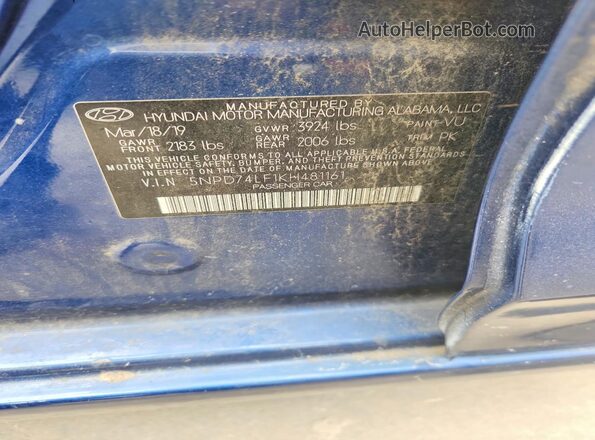 5NPD74LF1KH481161 2019 HYUNDAI ELANTRA Blue VIN კოდის სტიკერის ხედი