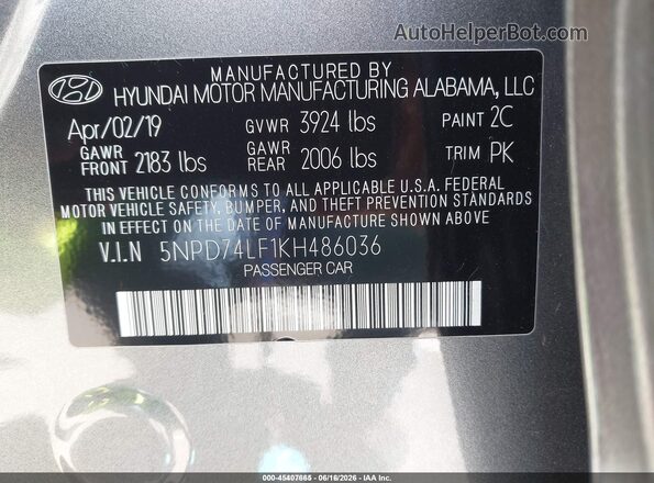 5NPD74LF1KH486036 2019 HYUNDAI ELANTRA Gray Engine compartment view
