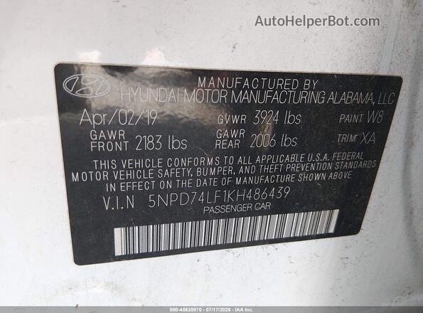 5NPD74LF1KH486439 2019 HYUNDAI ELANTRA Белый Вид подкапотного пространства
