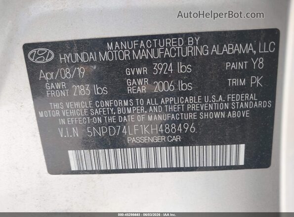 5NPD74LF1KH488496 2019 HYUNDAI ELANTRA Silver Engine compartment view