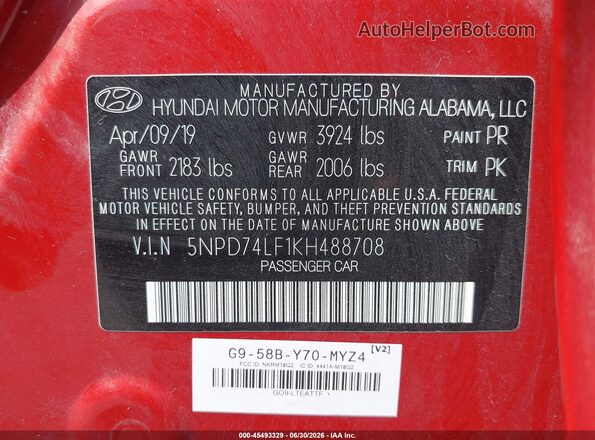 5NPD74LF1KH488708 2019 HYUNDAI ELANTRA Red Vista del compartimento del motor
