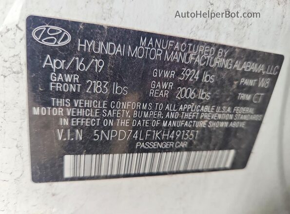 5NPD74LF1KH491351 2019 HYUNDAI ELANTRA White Widok komory silnika