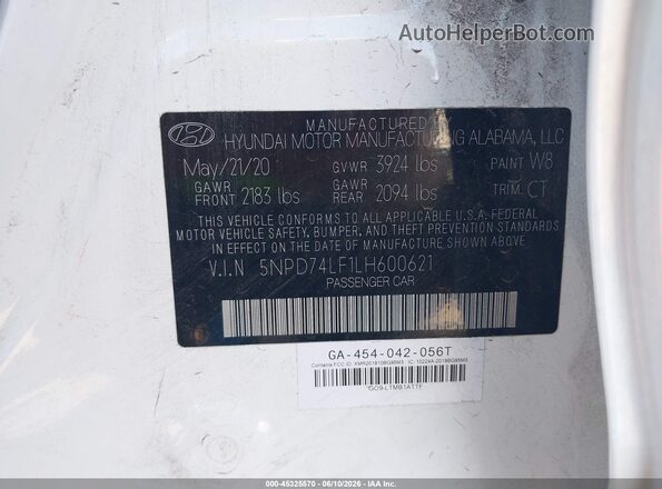 5NPD74LF1LH600621 2020 HYUNDAI ELANTRA White Engine compartment view