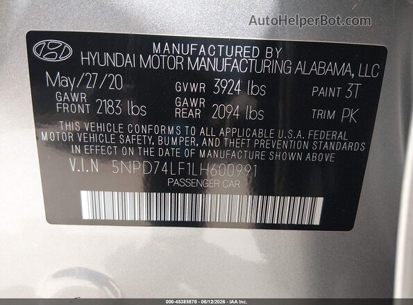 5NPD74LF1LH600991 2020 HYUNDAI ELANTRA Silver Vista del compartimento del motor