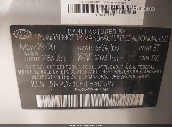 5NPD74LF1LH601591 2020 HYUNDAI ELANTRA Серебряный Вид подкапотного пространства