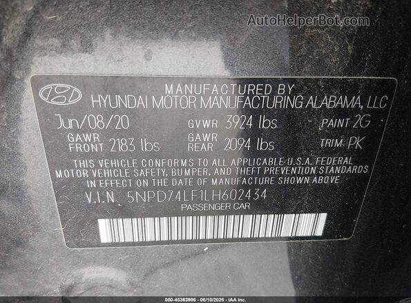 5NPD74LF1LH602434 2020 HYUNDAI ELANTRA Gray Engine compartment view