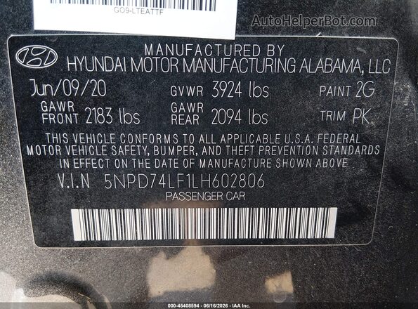 5NPD74LF1LH602806 2020 HYUNDAI ELANTRA Gray ძრავის განყოფილების ხედი