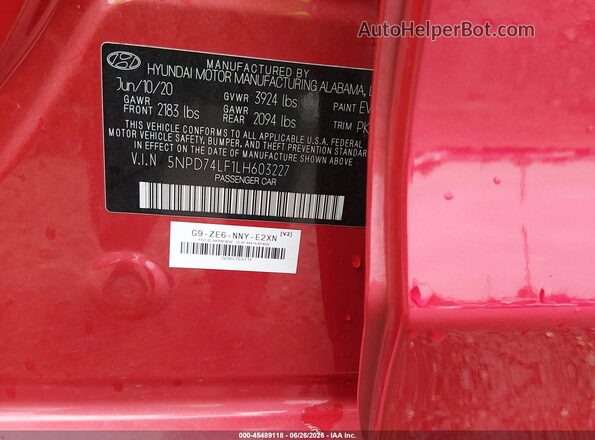 5NPD74LF1LH603227 2020 HYUNDAI ELANTRA Красный Вид подкапотного пространства