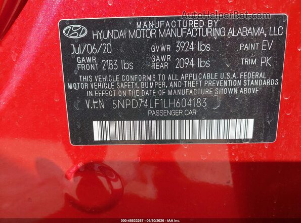 5NPD74LF1LH604183 2020 HYUNDAI ELANTRA Красный Вид подкапотного пространства