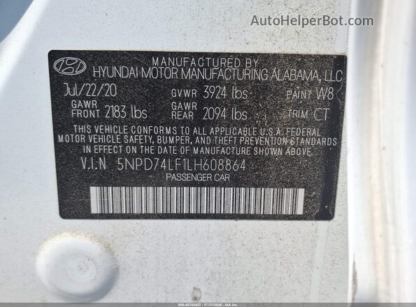 5NPD74LF1LH608864 2020 HYUNDAI ELANTRA White Vista del compartimento del motor