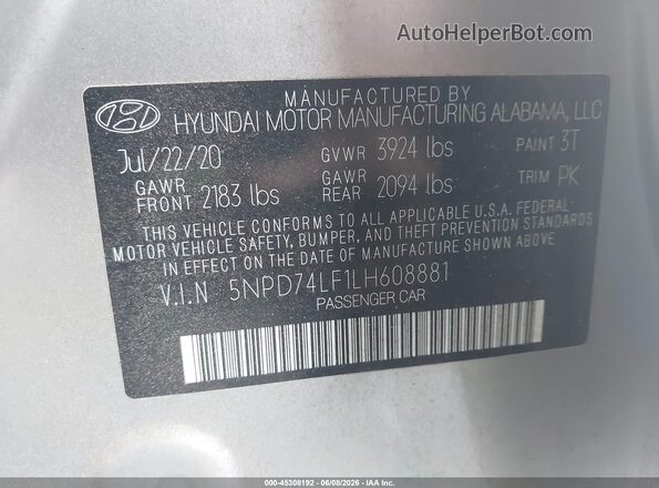 5NPD74LF1LH608881 2020 HYUNDAI ELANTRA Gray Vista del compartimento del motor