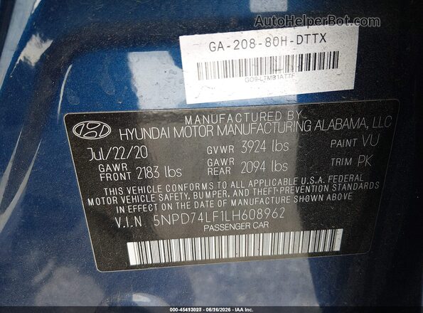 5NPD74LF1LH608962 2020 HYUNDAI ELANTRA Blue Engine compartment view