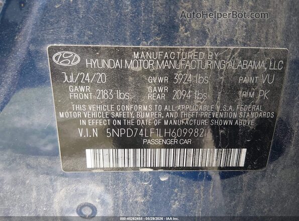 5NPD74LF1LH609982 2020 HYUNDAI ELANTRA Blue Вид підкапотного простору