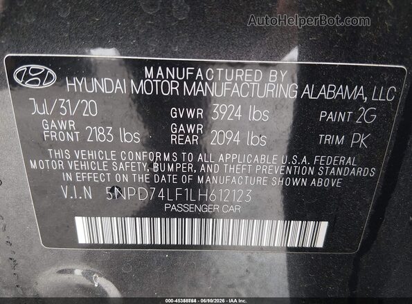 5NPD74LF1LH612123 2020 HYUNDAI ELANTRA Gray ძრავის განყოფილების ხედი