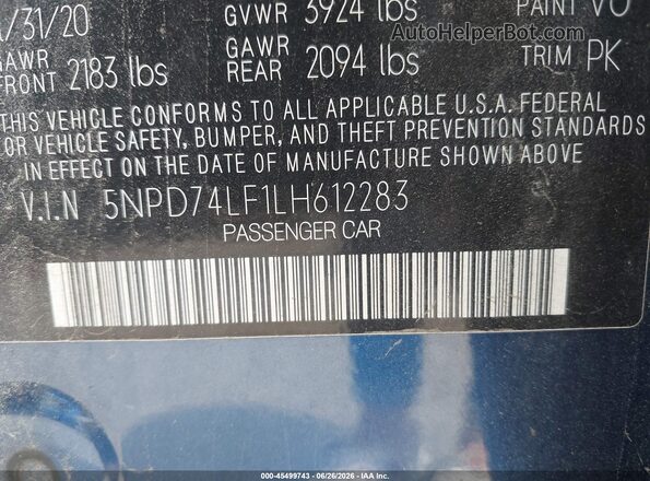 5NPD74LF1LH612283 2020 HYUNDAI ELANTRA Blue Widok komory silnika