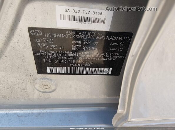 5NPD74LF1LH612512 2020 HYUNDAI ELANTRA Silver Engine compartment view