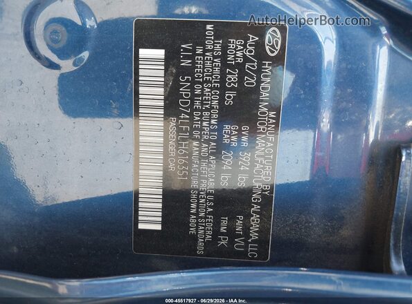 5NPD74LF1LH616351 2020 HYUNDAI ELANTRA Синий Вид подкапотного пространства