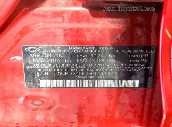 5NPD74LF2HH037327 2017 HYUNDAI ELANTRA Red ძრავის განყოფილების ხედი