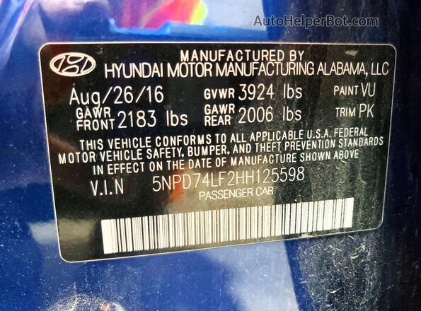 5NPD74LF2HH125598 2017 HYUNDAI ELANTRA Blue Widok komory silnika