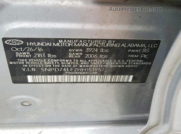 5NPD74LF2HH151957 2017 HYUNDAI ELANTRA Silver ძრავის განყოფილების ხედი