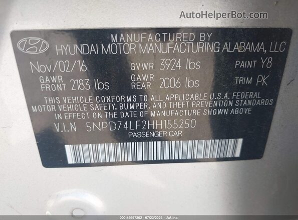 5NPD74LF2HH155250 2017 HYUNDAI ELANTRA Silver Вид підкапотного простору