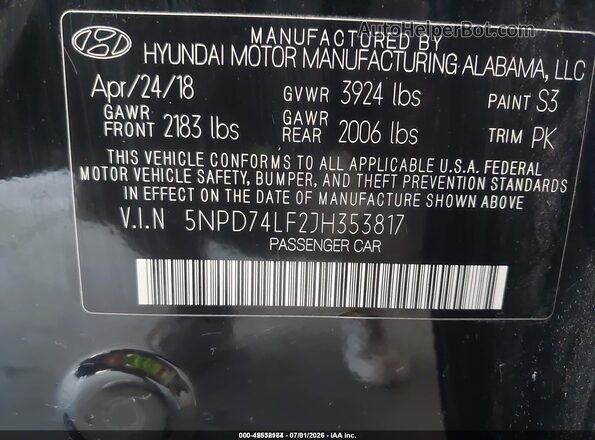 5NPD74LF2JH353817 2018 HYUNDAI ELANTRA Black Widok komory silnika