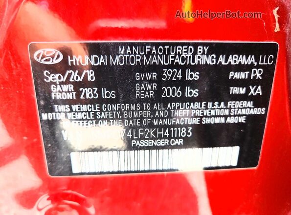 5NPD74LF2KH411183 2019 HYUNDAI ELANTRA Красный Вид подкапотного пространства